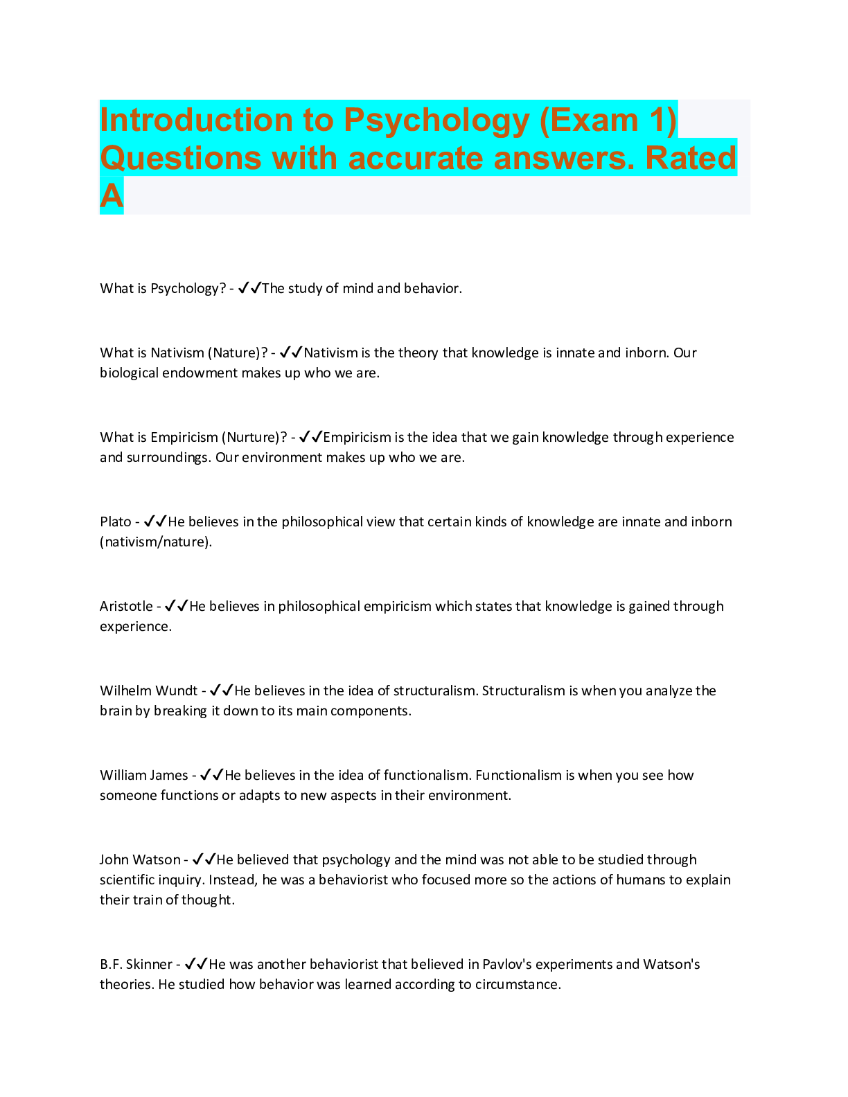 Preview image for Introduction to Psychology (Exam 1) Questions with accurate answers. Rated A